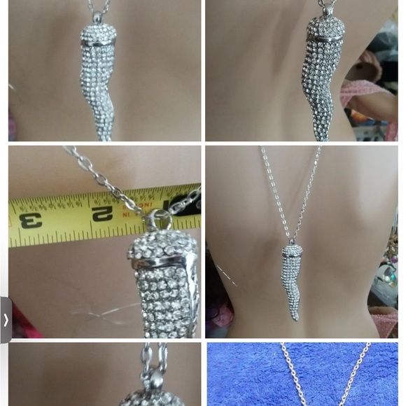 LRG Crystal Italian horn necklace unisex new silver back new - Picture 2 of 8